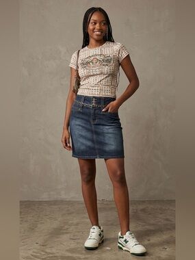 Zoey Beth Y2K Denim Mini Skirt Dark Wash High Waisted 3-Button Stretch XL